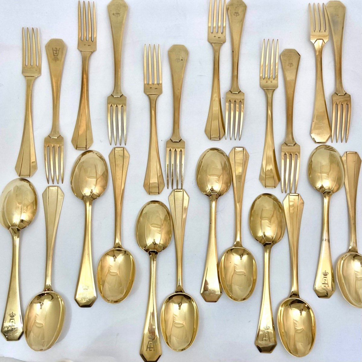 King Albert I And Queen Elisabeth Of The Belgians, 12 Table Cutlery In Vermeil, Delheid Frères-photo-4