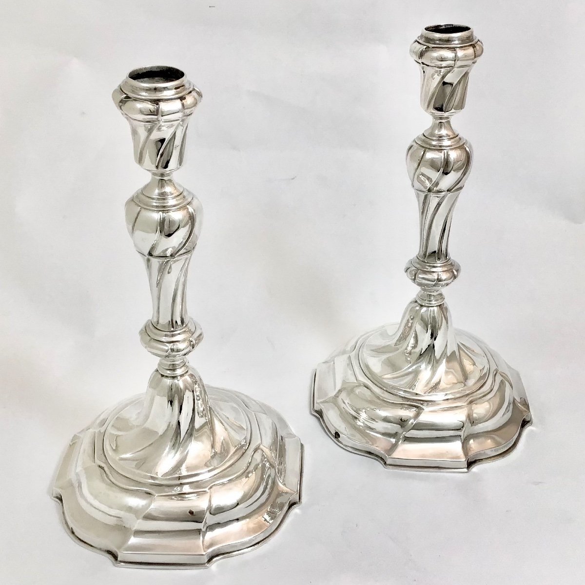 Pair Of Louis XV Candlesticks, Brussels 1760, J.j.brichaut, Sterling Silver-photo-1