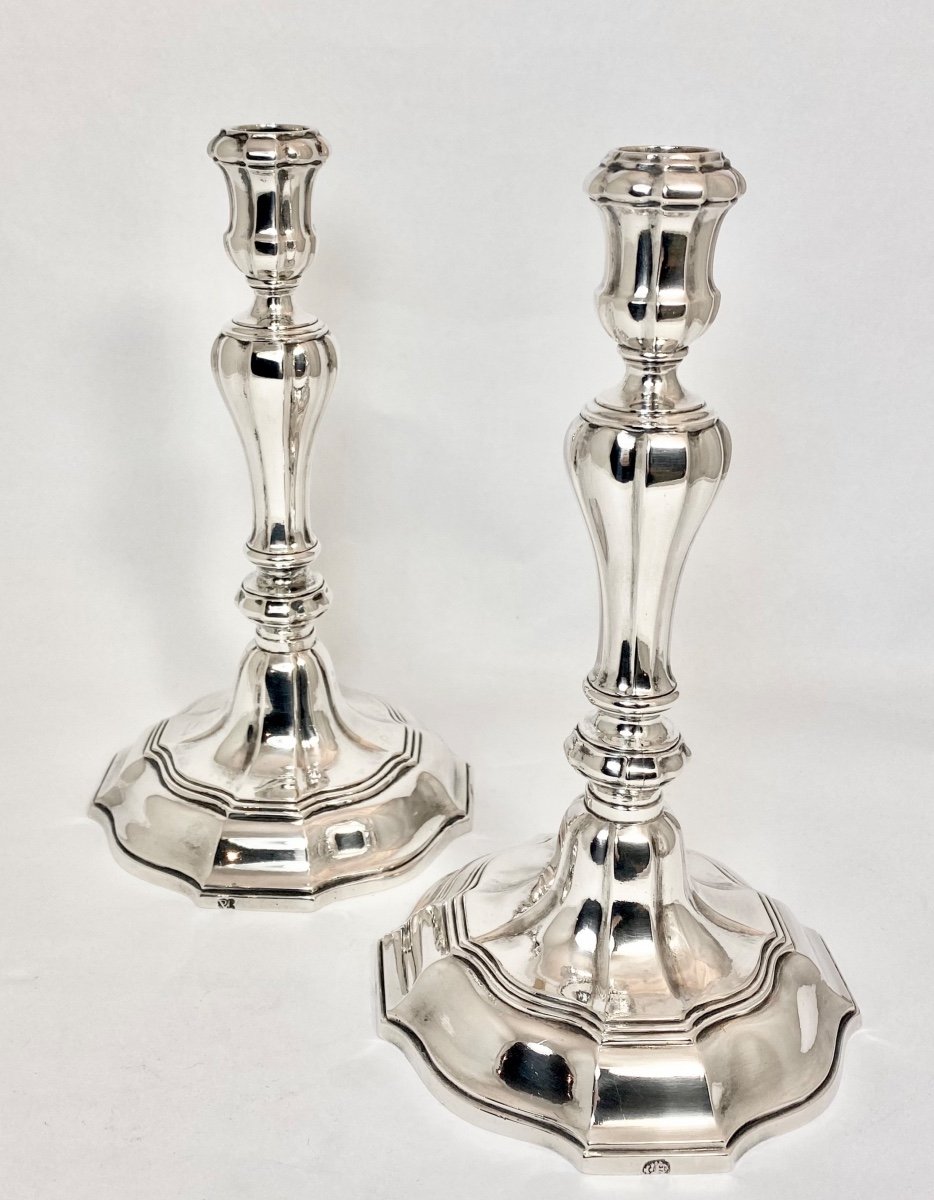 Brussels 1734-37, Sterling Silver, Petrus Van Eesbeeck, Pair Of Candlesticks