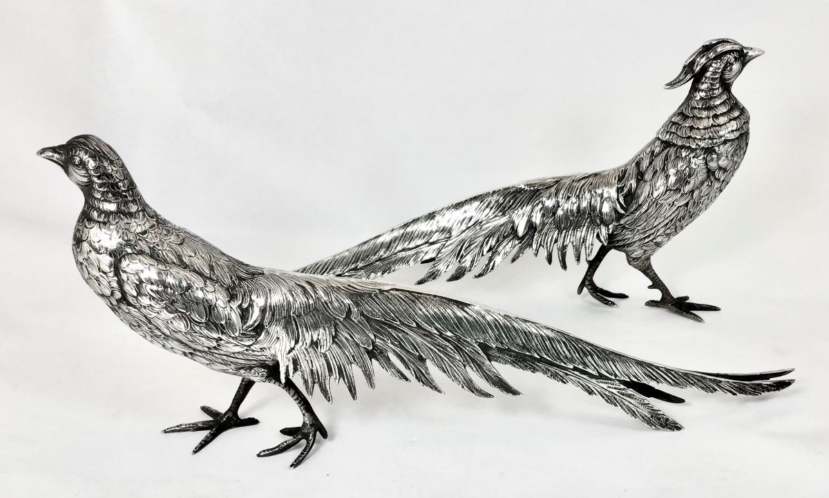 Paire De Faisans En Argent Massif  , 31 Cm, Années ‘40-‘50-photo-5