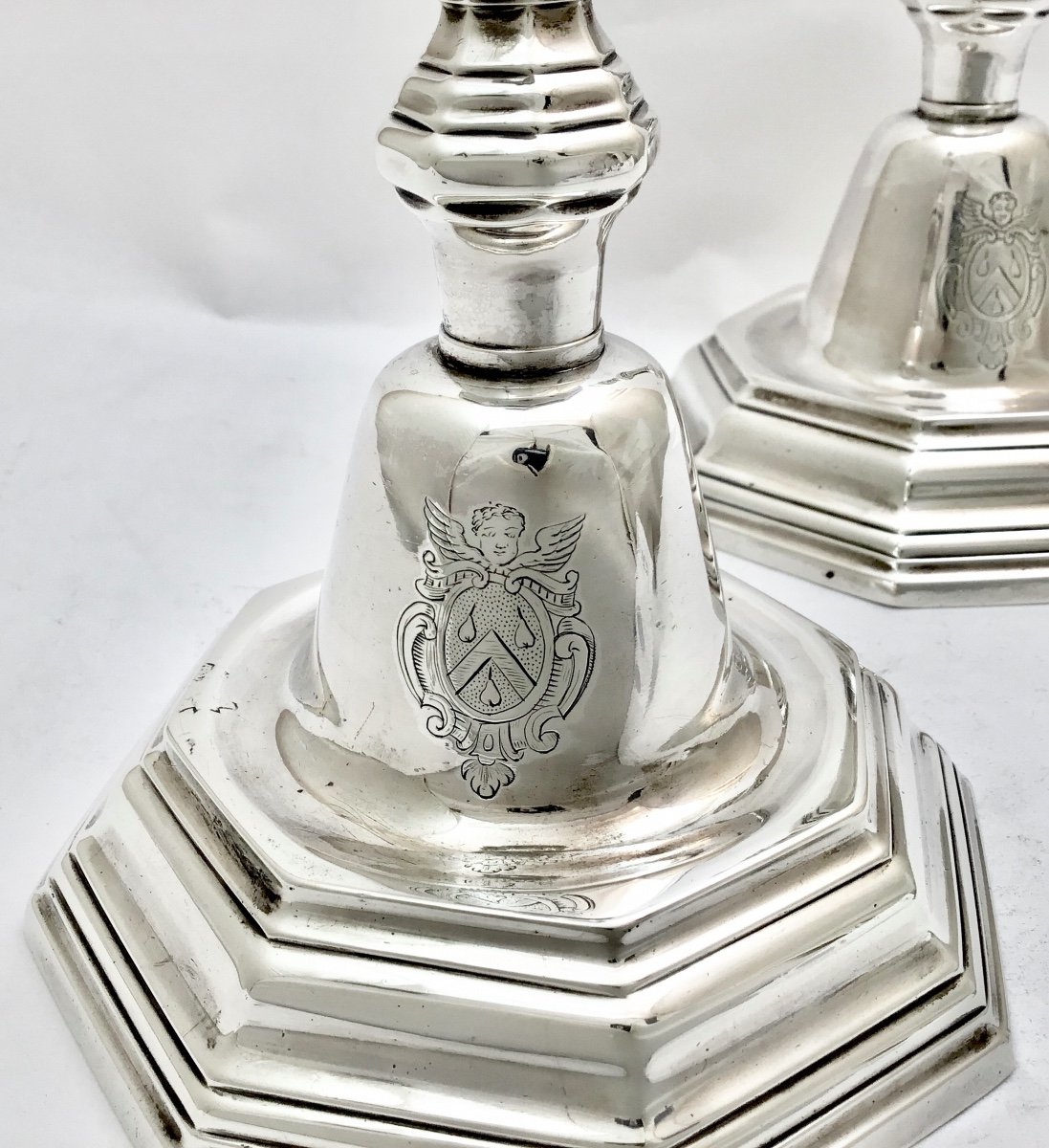 Dunkirk 1737, Pair Of Candlessterling Silver, “des Anges De Losven” Or “crabeels” Coat Of Arms