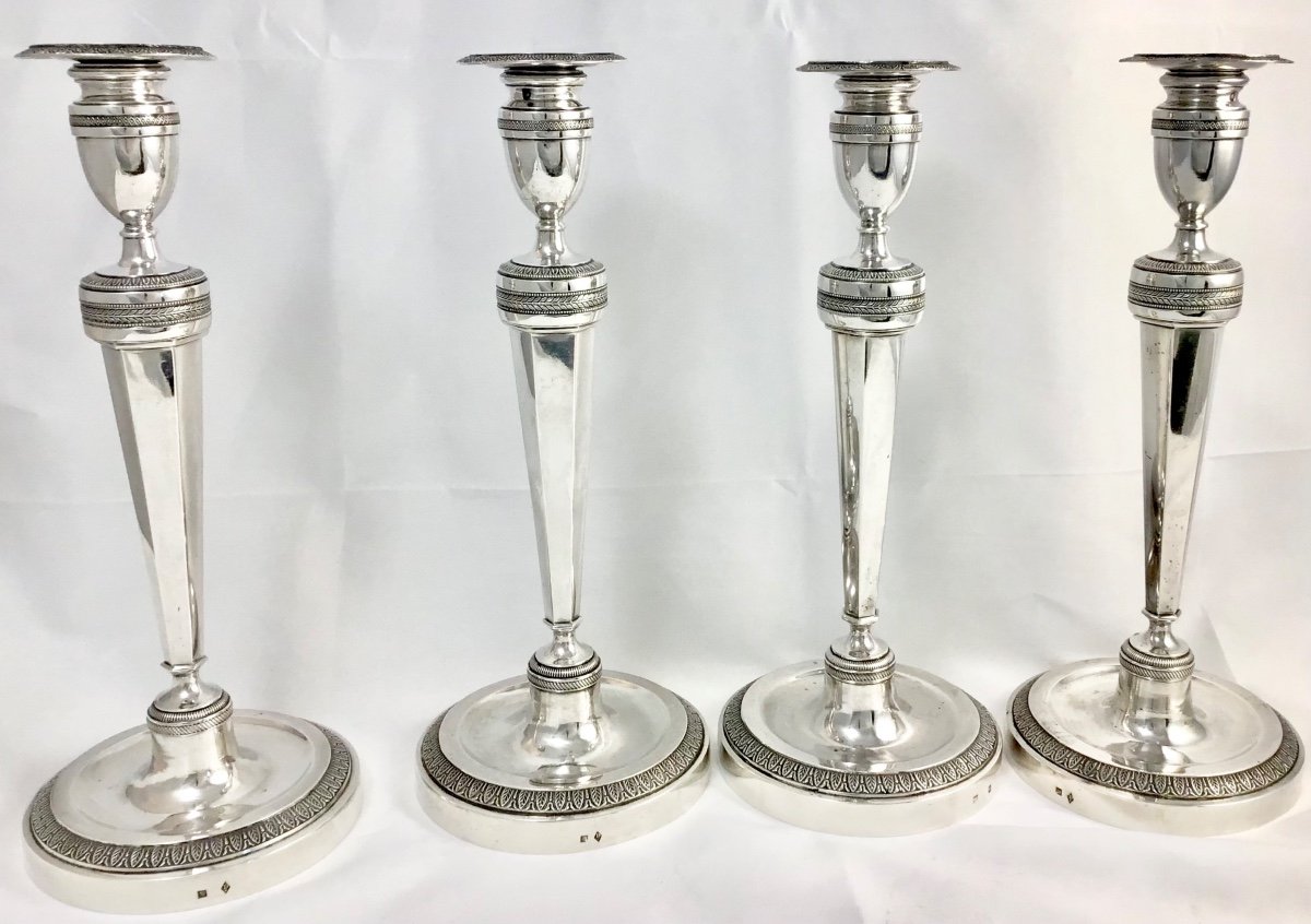 Four Empire Candlesticks , Sterling Silver, Liège 1814-31, Guillaume Drion-photo-4