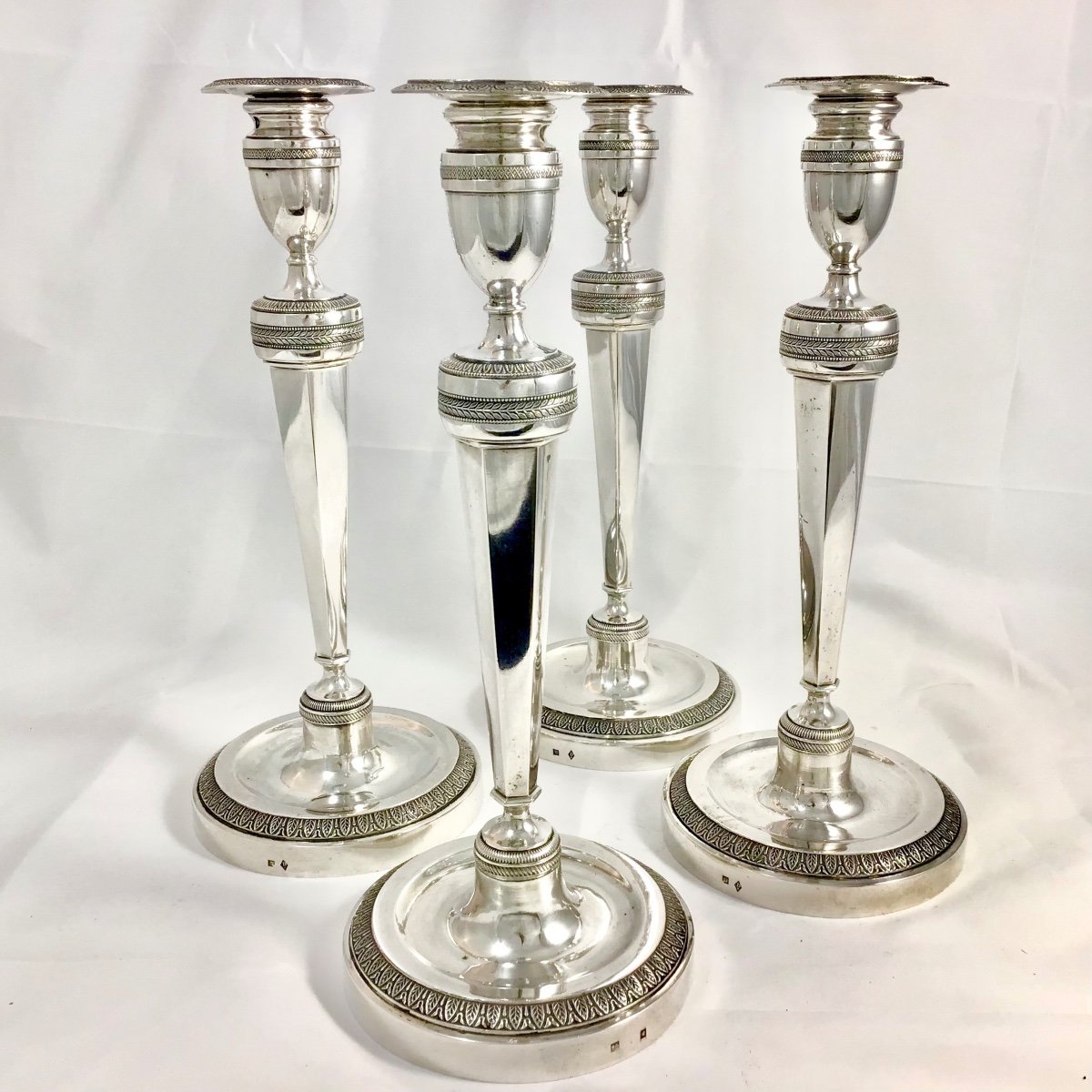 Four Empire Candlesticks , Sterling Silver, Liège 1814-31, Guillaume Drion