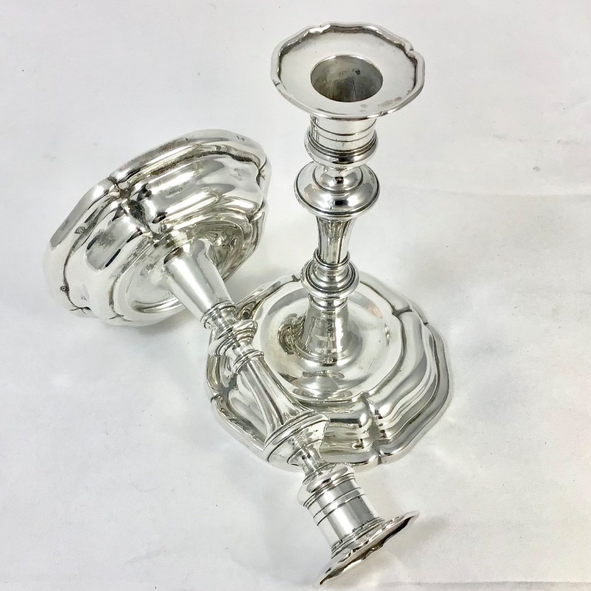 Vienna 1760, Pair Of Toilet Or Desk Candlesticks In Silver, Goldsmith Ps-photo-3
