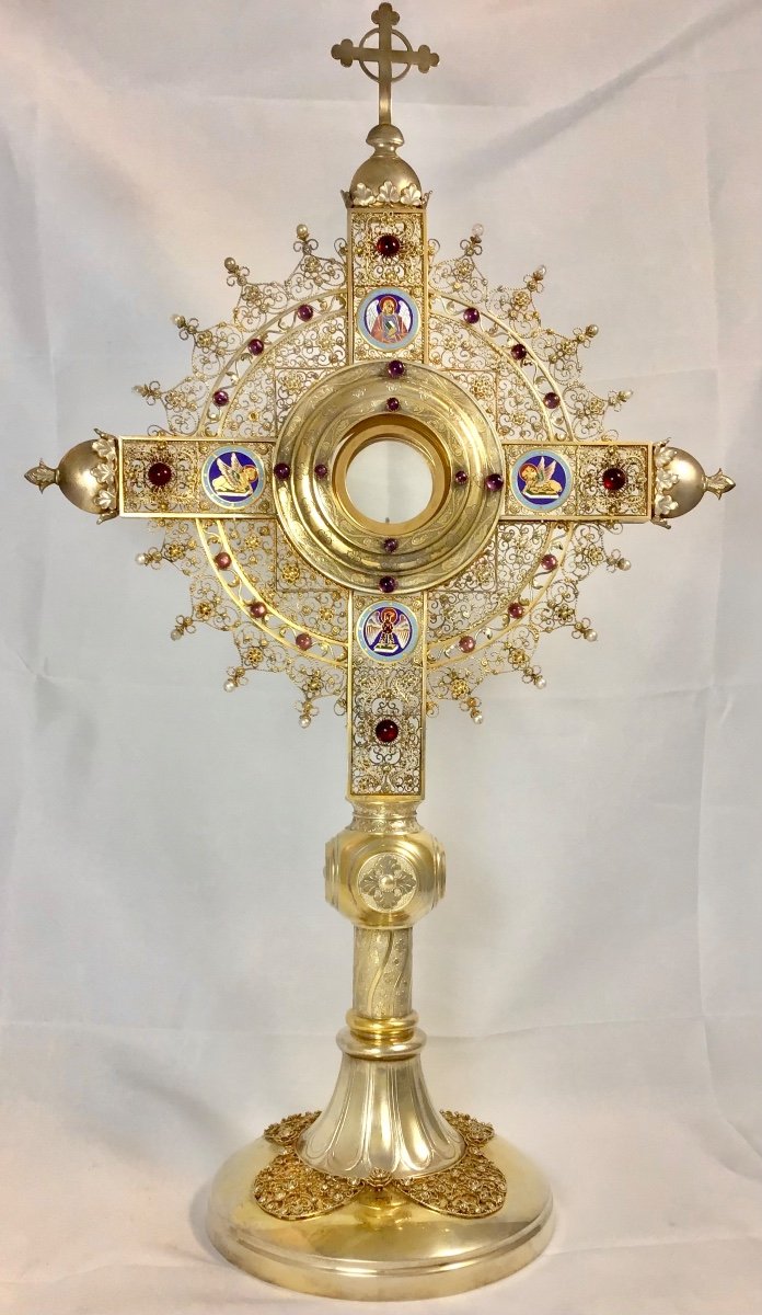 Monstrance, Sterling Silver And Vermeil, Brussels 1880-1900, Enamels And Filigree -photo-2