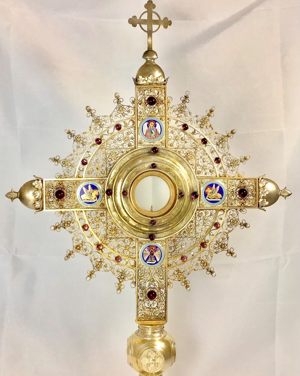 Monstrance, Sterling Silver And Vermeil, Brussels 1880-1900, Enamels And Filigree -photo-6