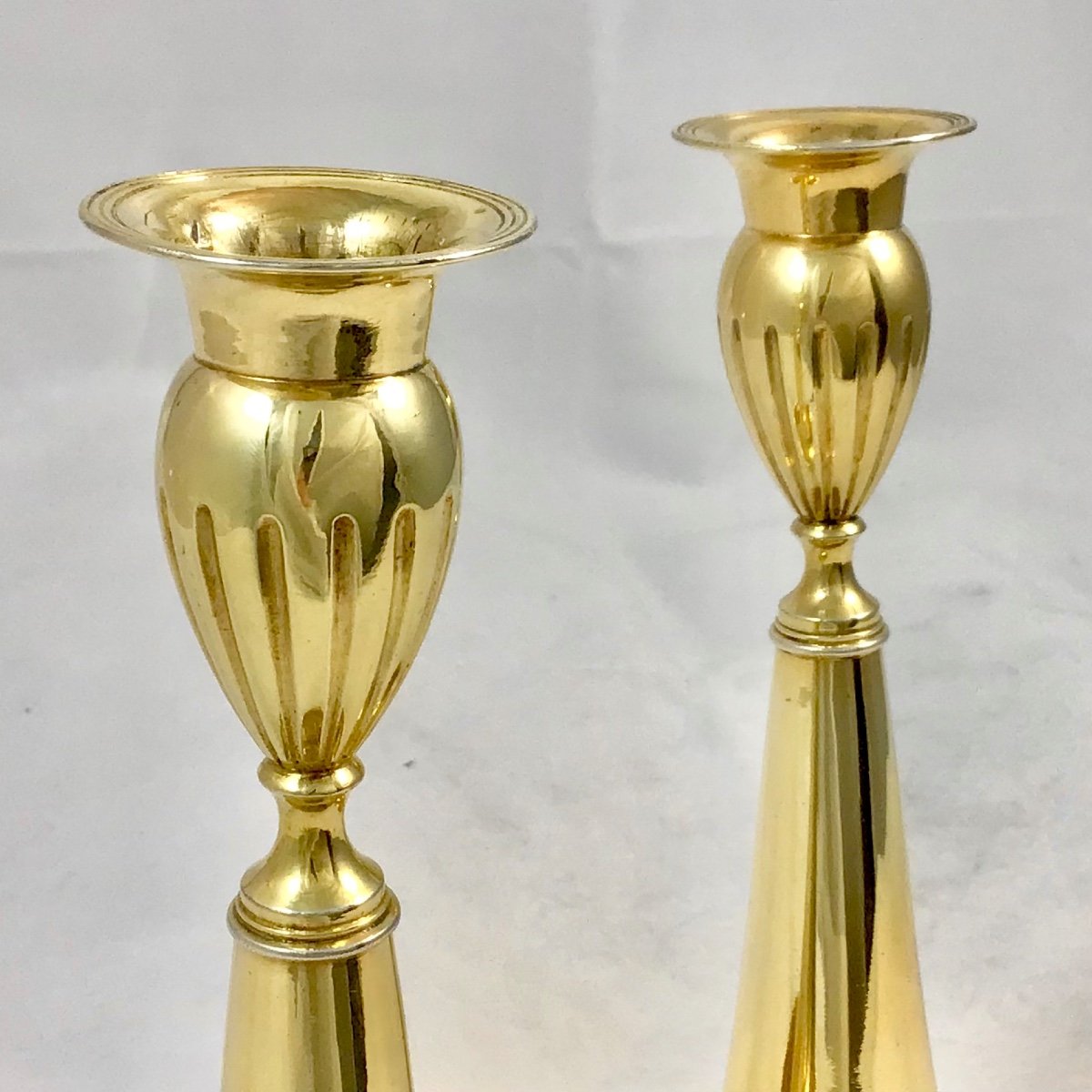 Augsburg 1810-11, Pair Of “trumpet” Candlesticks, Silver Gilt, Phillipp Bruglocher Solid Silver-photo-3