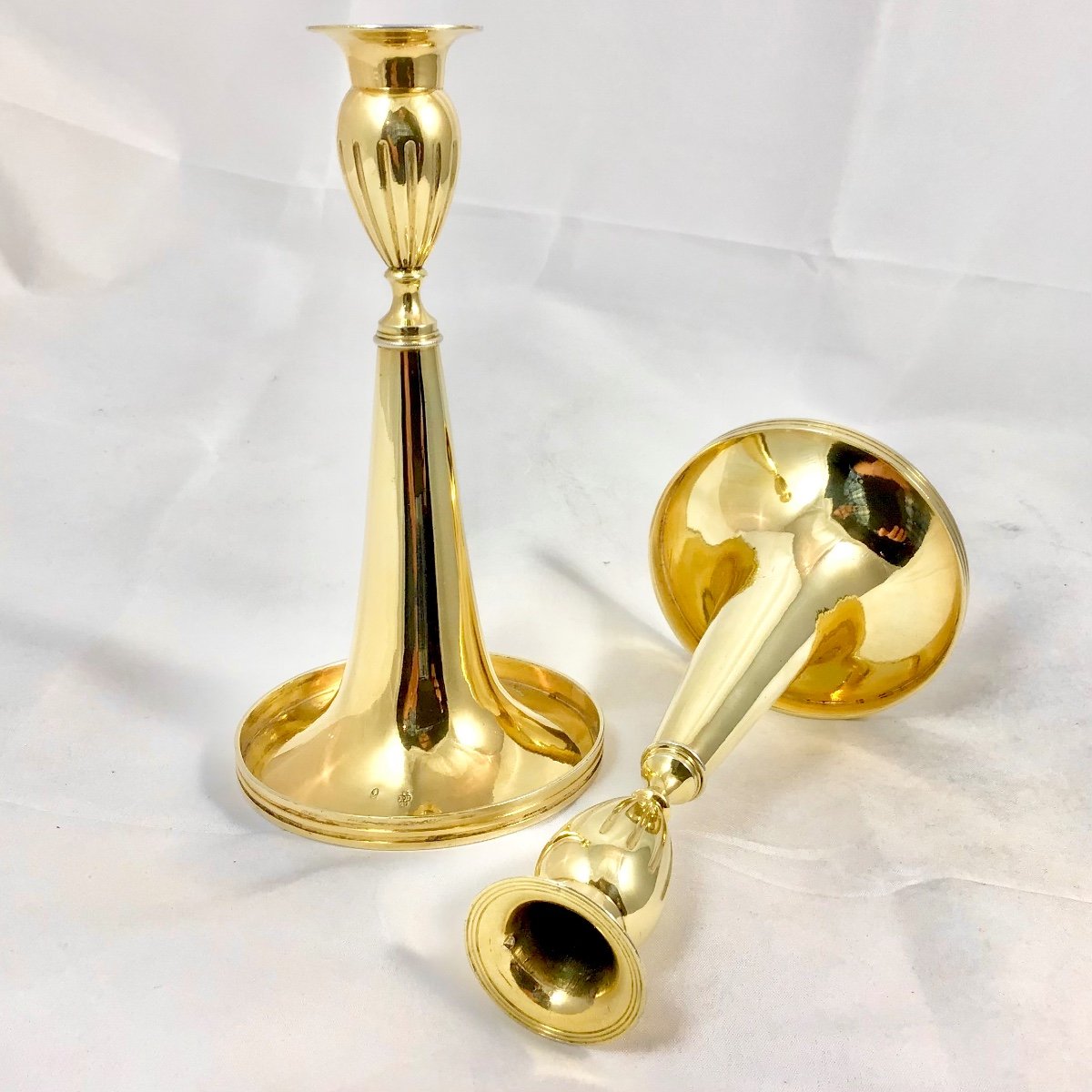 Augsburg 1810-11, Pair Of “trumpet” Candlesticks, Silver Gilt, Phillipp Bruglocher Solid Silver-photo-4