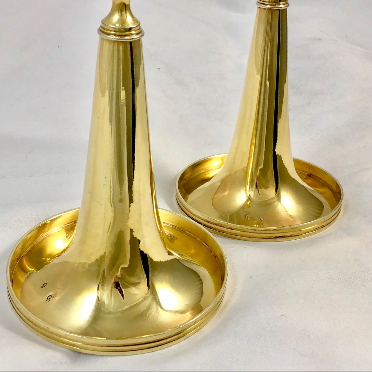 Augsburg 1810-11, Pair Of “trumpet” Candlesticks, Silver Gilt, Phillipp Bruglocher Solid Silver-photo-1