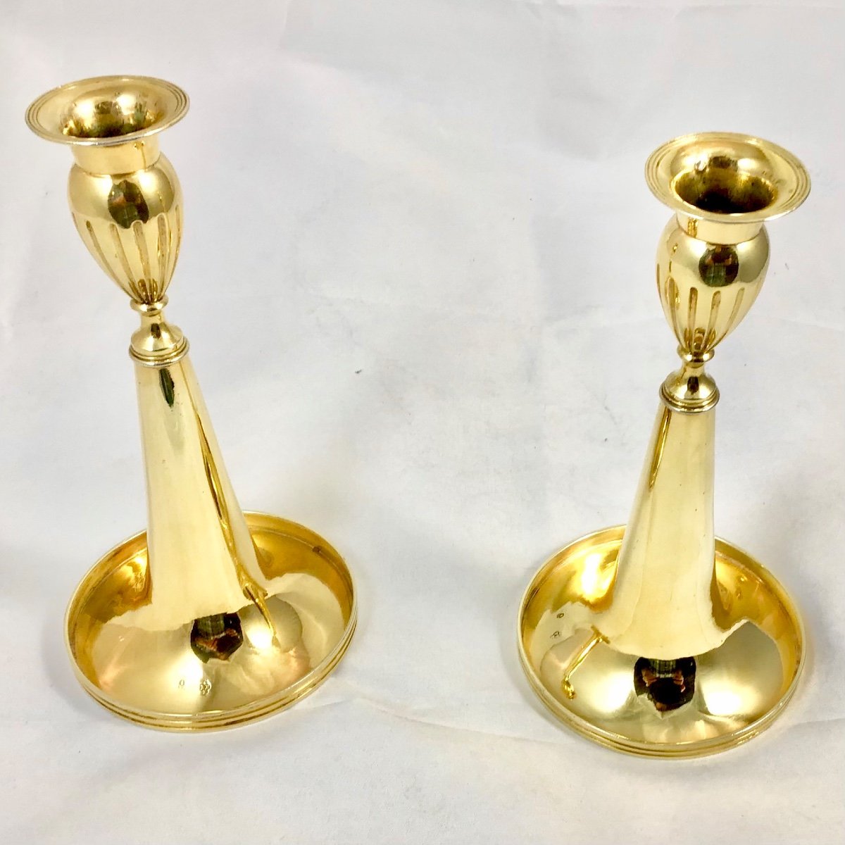 Augsburg 1810-11, Pair Of “trumpet” Candlesticks, Silver Gilt, Phillipp Bruglocher Solid Silver-photo-5