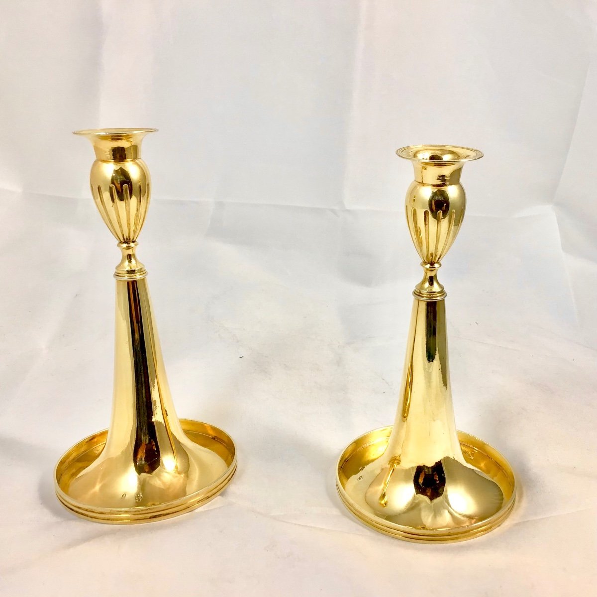 Augsburg 1810-11, Pair Of “trumpet” Candlesticks, Silver Gilt, Phillipp Bruglocher Solid Silver-photo-6