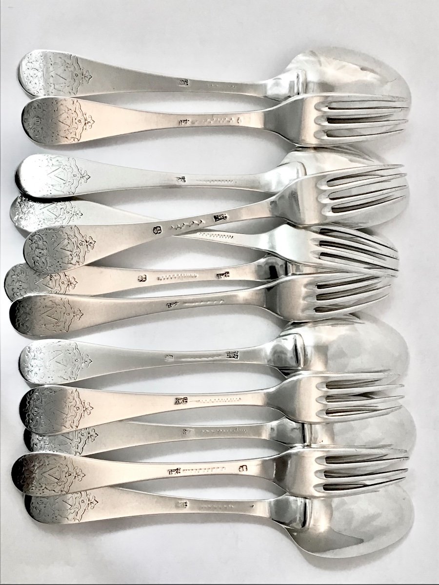 Namur 1739-1749, Six Spoons And Six Forks , Goldsmith Thomas Bouchon, Zualart Coat Of Arms-photo-1