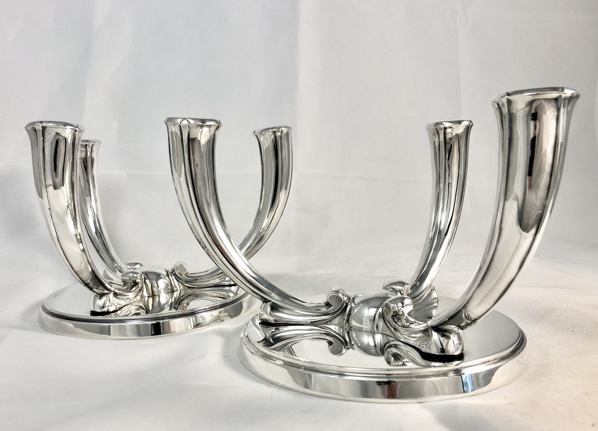 Wolfers 1935-1942, Argent Massif, Paire De Candélabres “Wotan”, Art Déco  Expo Universelle Brux-photo-3
