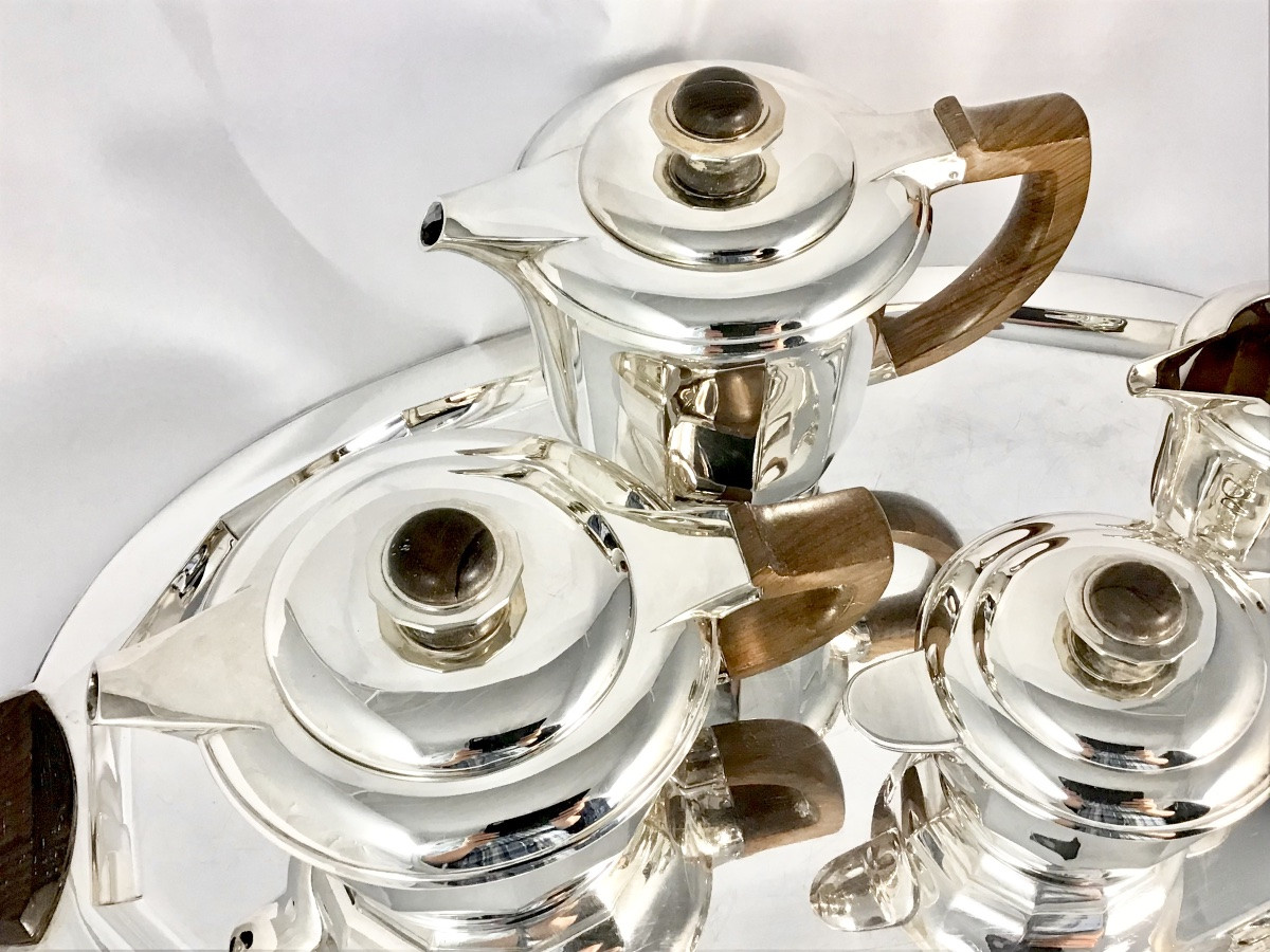 Wolfers, 1930-1933, “jade” Coffee Service, Solid Silver, Brussels, Art Deco-photo-3