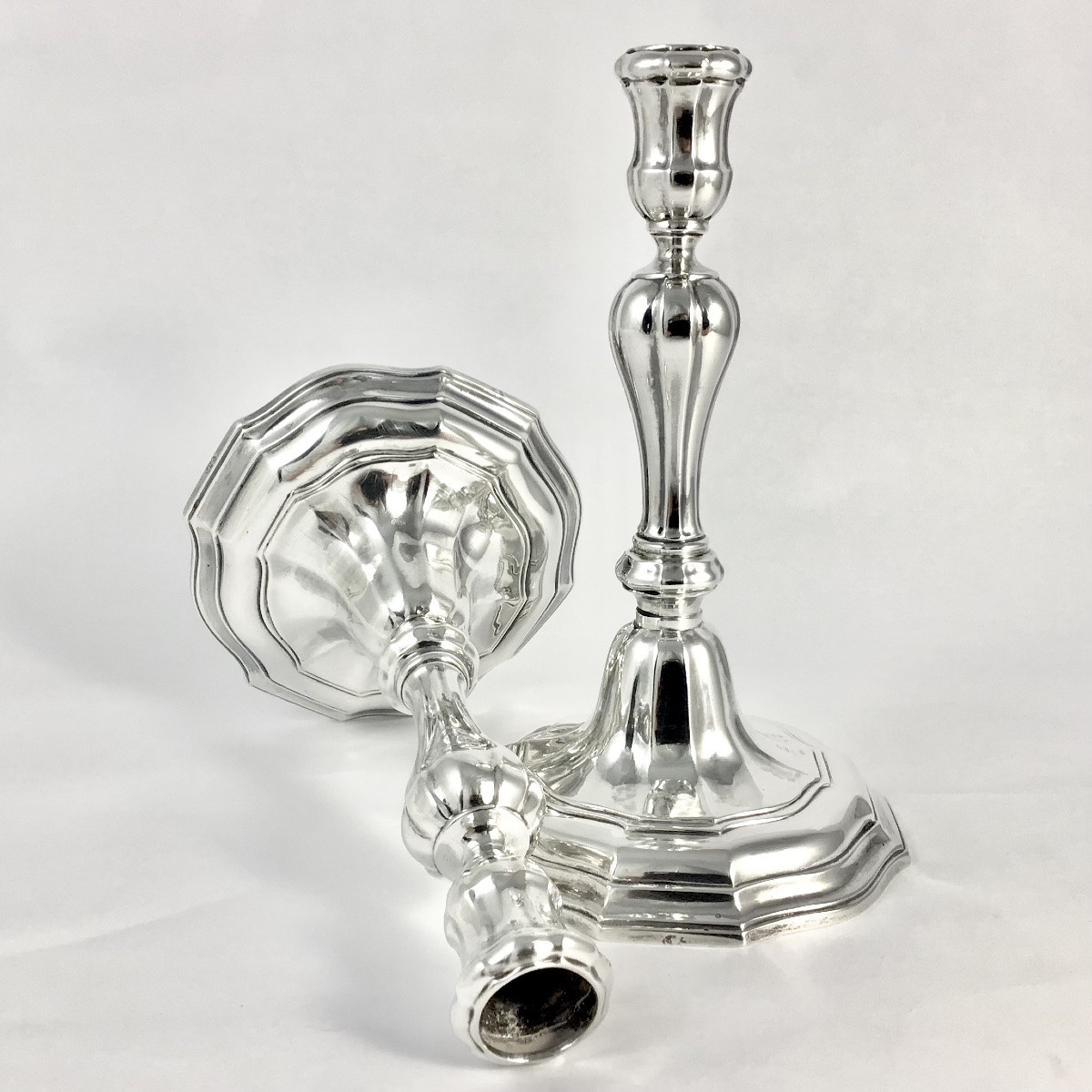 Brussels 1757, Solid Silver, Pair Of Candlesticks, Henricus De Potter, Candlesticks-photo-2