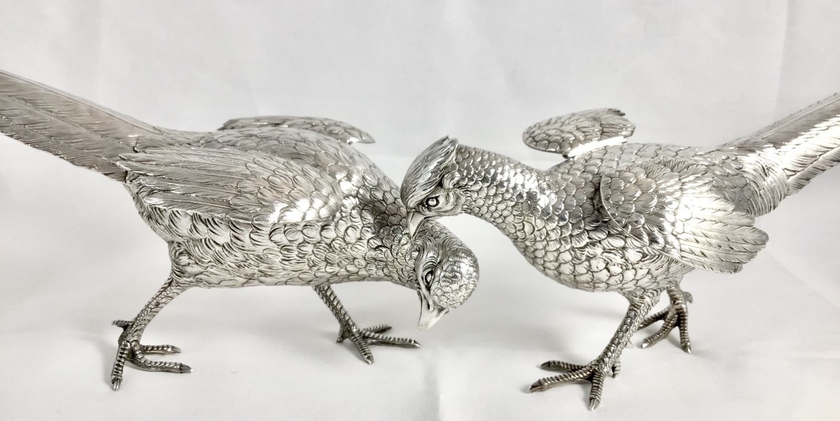 France, 950% Solid Silver, Pair Of Very Large Pheasants, Eschwege Silversmith-photo-3