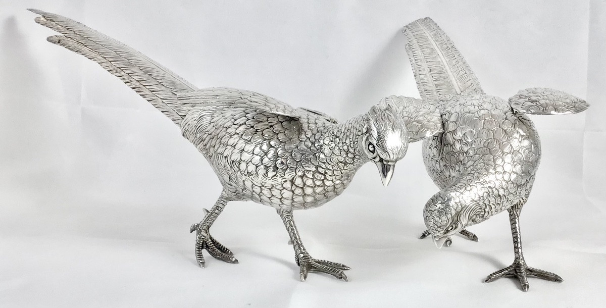 France, 950% Solid Silver, Pair Of Very Large Pheasants, Eschwege Silversmith-photo-4