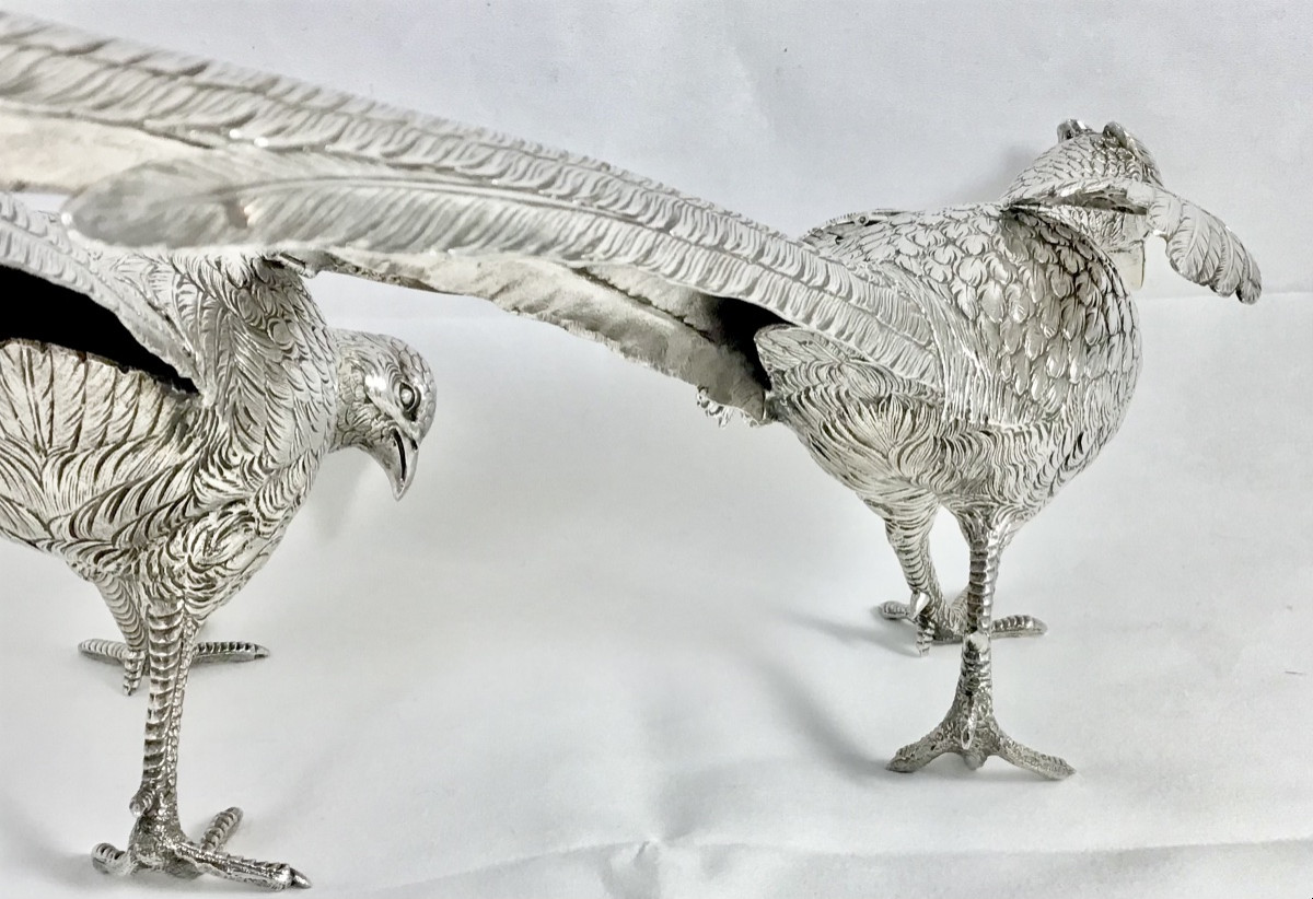 France, 950% Solid Silver, Pair Of Very Large Pheasants, Eschwege Silversmith-photo-3