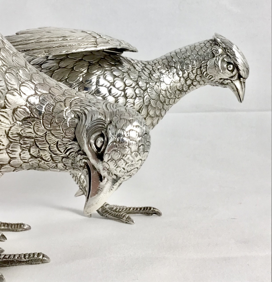 France, 950% Solid Silver, Pair Of Very Large Pheasants, Eschwege Silversmith-photo-7