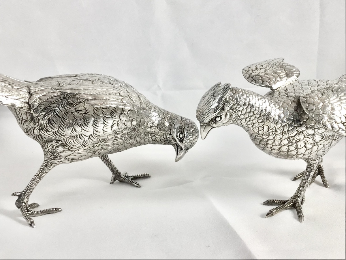 France, 950% Solid Silver, Pair Of Very Large Pheasants, Eschwege Silversmith