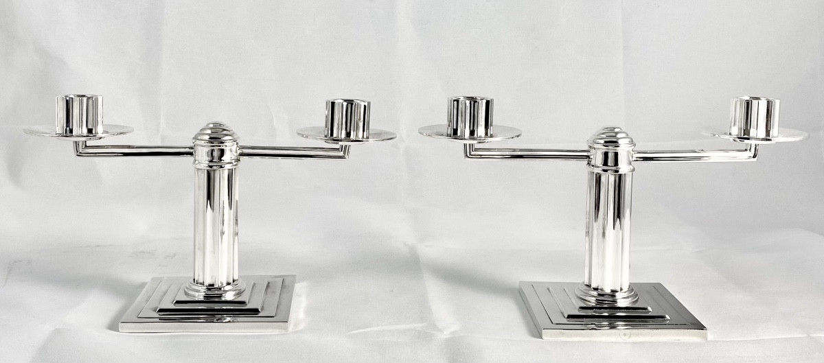 Bruxelles 1925-1935, argent massif, Delheid Frères, art déco, paire de candélabres 