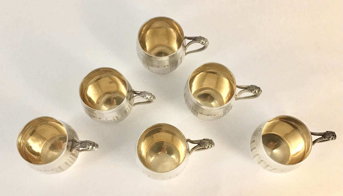Paris 1847-1883, six gobelets à eau de vie, argent massif, Berthier , tonneaux en trompe-l’œil-photo-4
