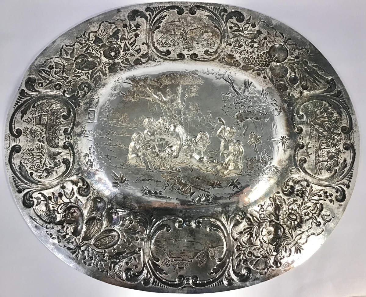 Hanau 1870-1900, argent massif , grand plat à offrandes de style baroque-photo-2