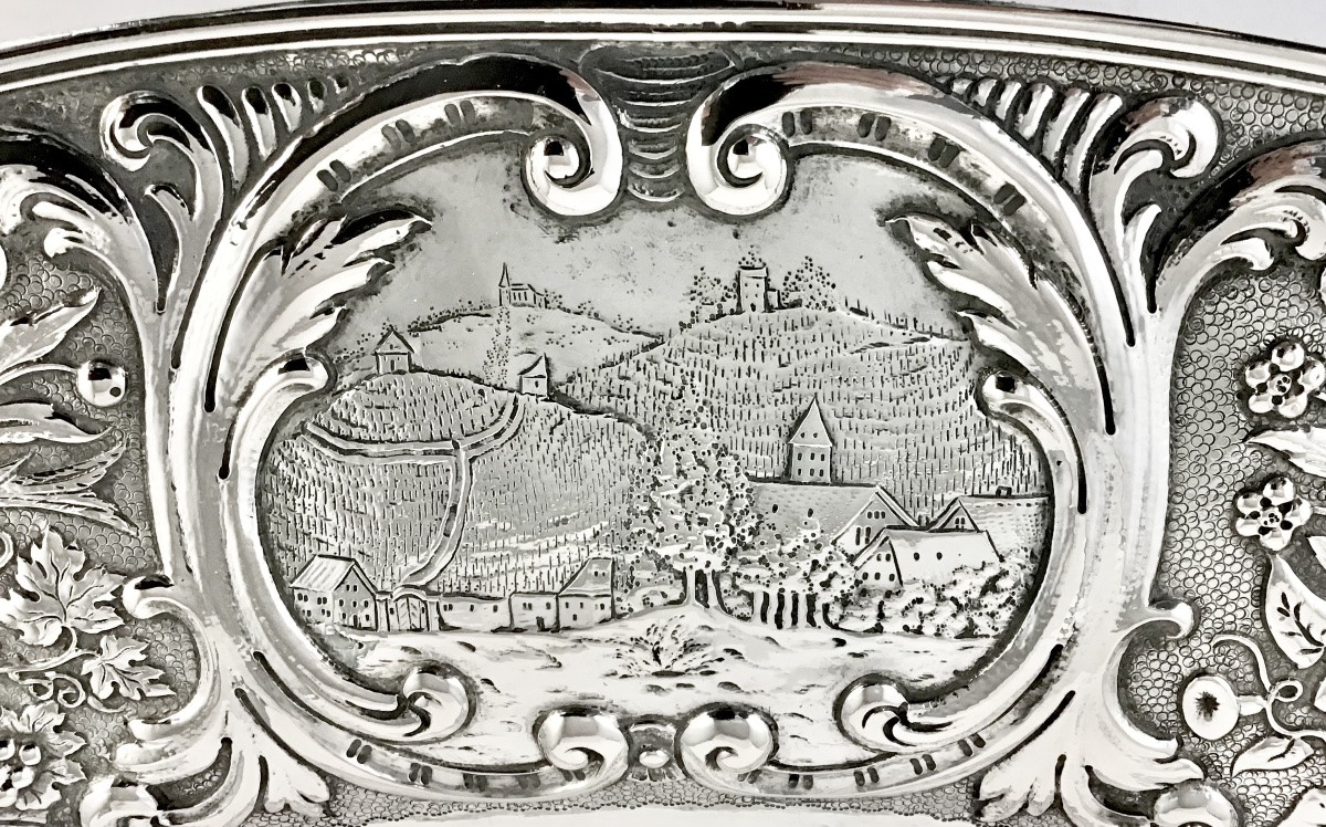 Hanau 1870-1900, argent massif , grand plat à offrandes de style baroque-photo-2