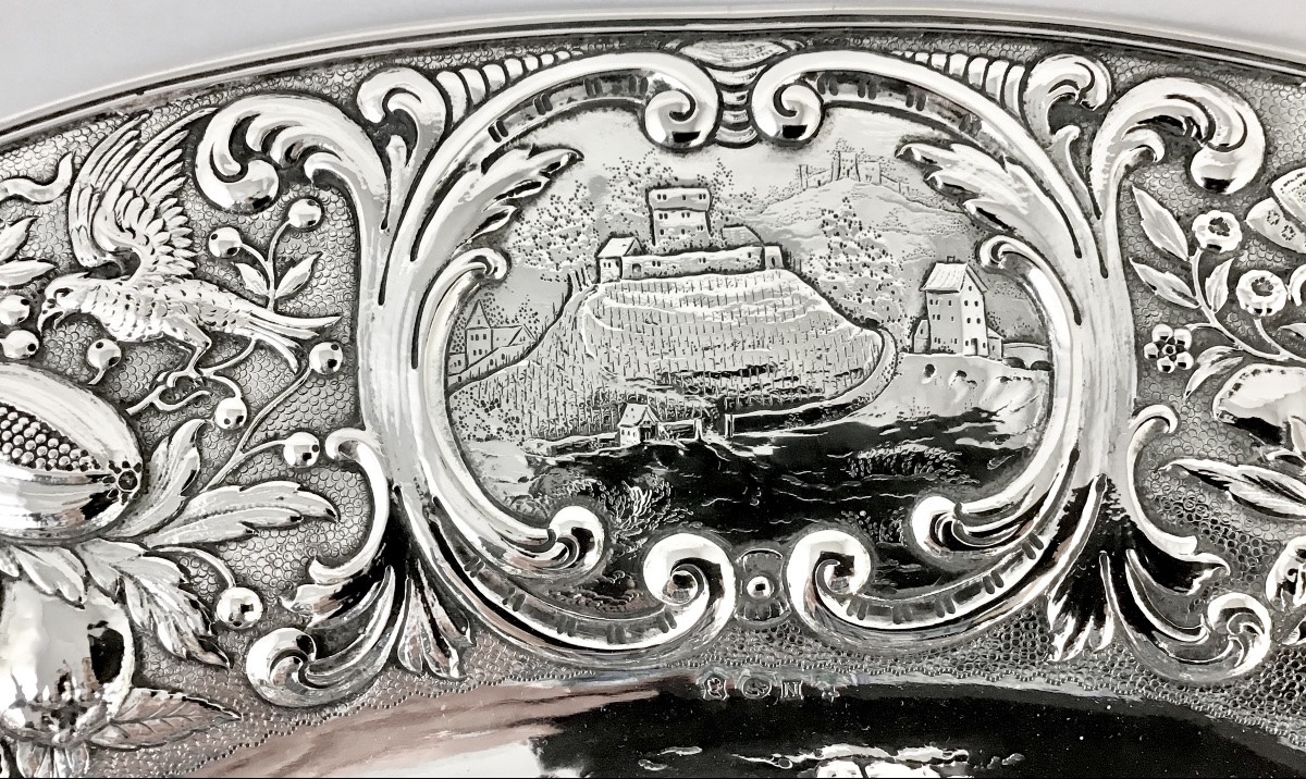 Hanau 1870-1900, argent massif , grand plat à offrandes de style baroque-photo-4