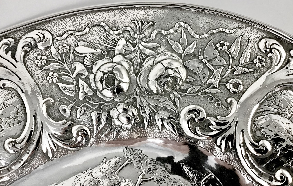 Hanau 1870-1900, argent massif , grand plat à offrandes de style baroque-photo-7