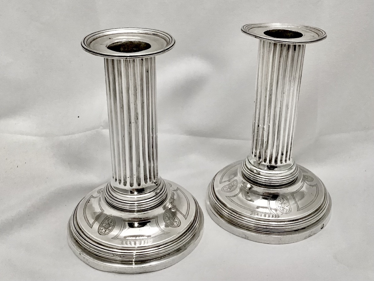 Paris 1780, Pair Of Travel Candlesticks, Sterling Silver, Louis XVI, Jean-baptiste Saurin-photo-3