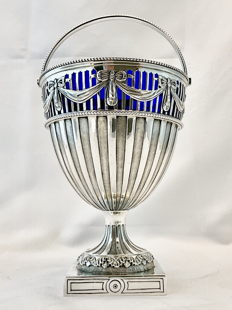 London 1906, Solid Silver And Blue Crystal Sugar Vase , Georgian Style -photo-6