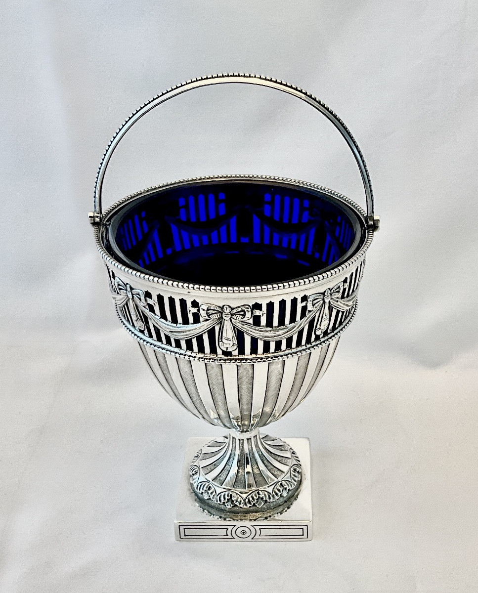 London 1906, Solid Silver And Blue Crystal Sugar Vase , Georgian Style -photo-8