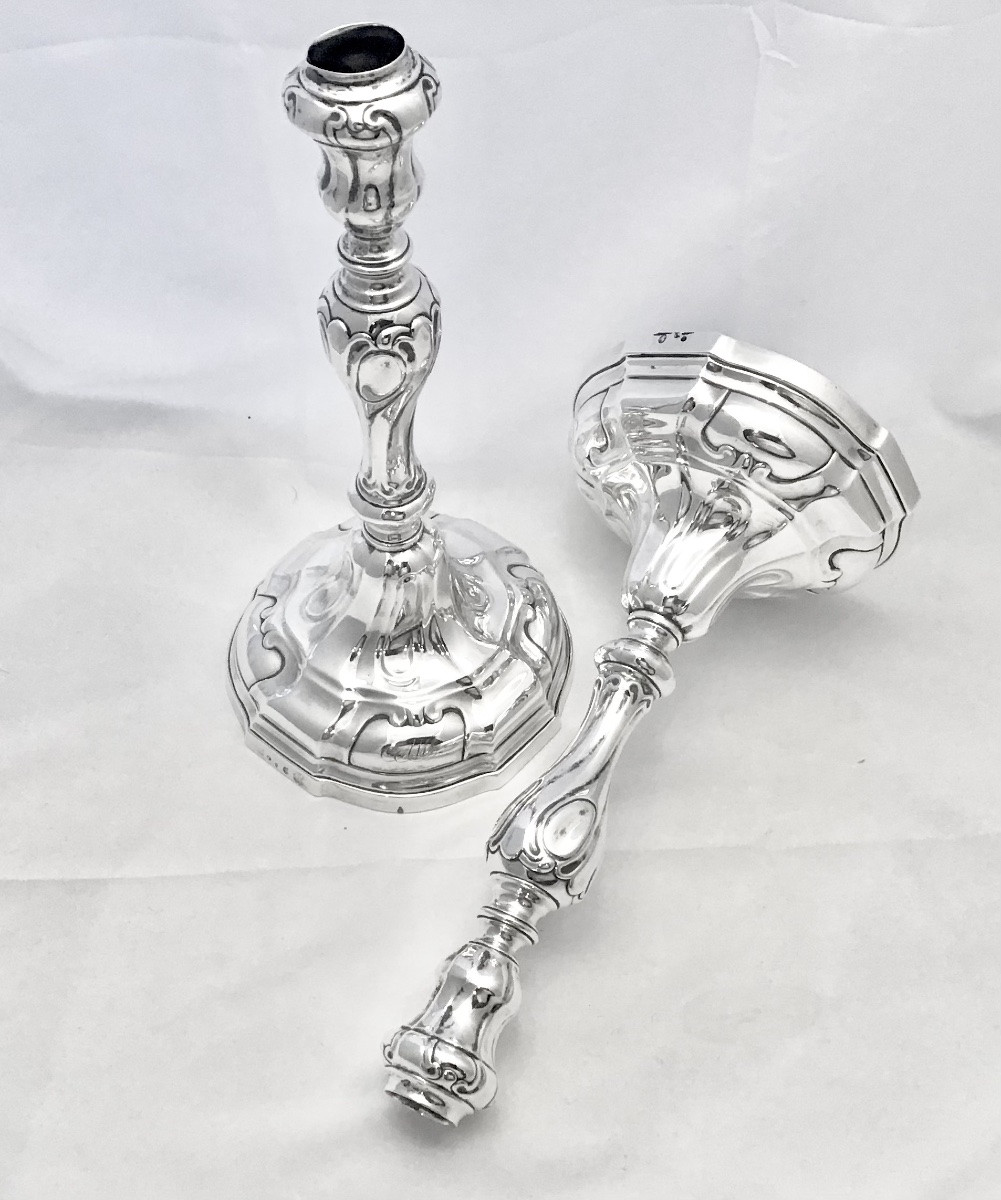 Antwerp 1772, Petrus Hoffinger, Pair Of Louis XV Style Candlesticks In Solid Silver -photo-4