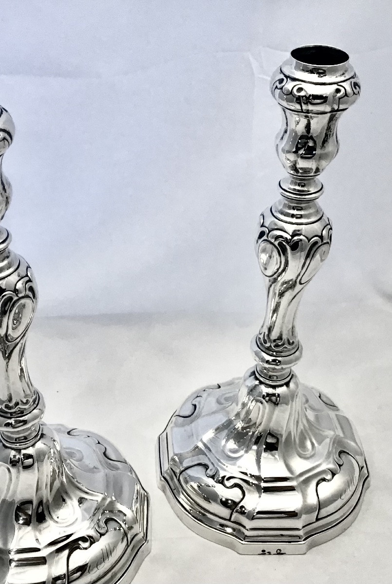 Antwerp 1772, Petrus Hoffinger, Pair Of Louis XV Style Candlesticks In Solid Silver -photo-6