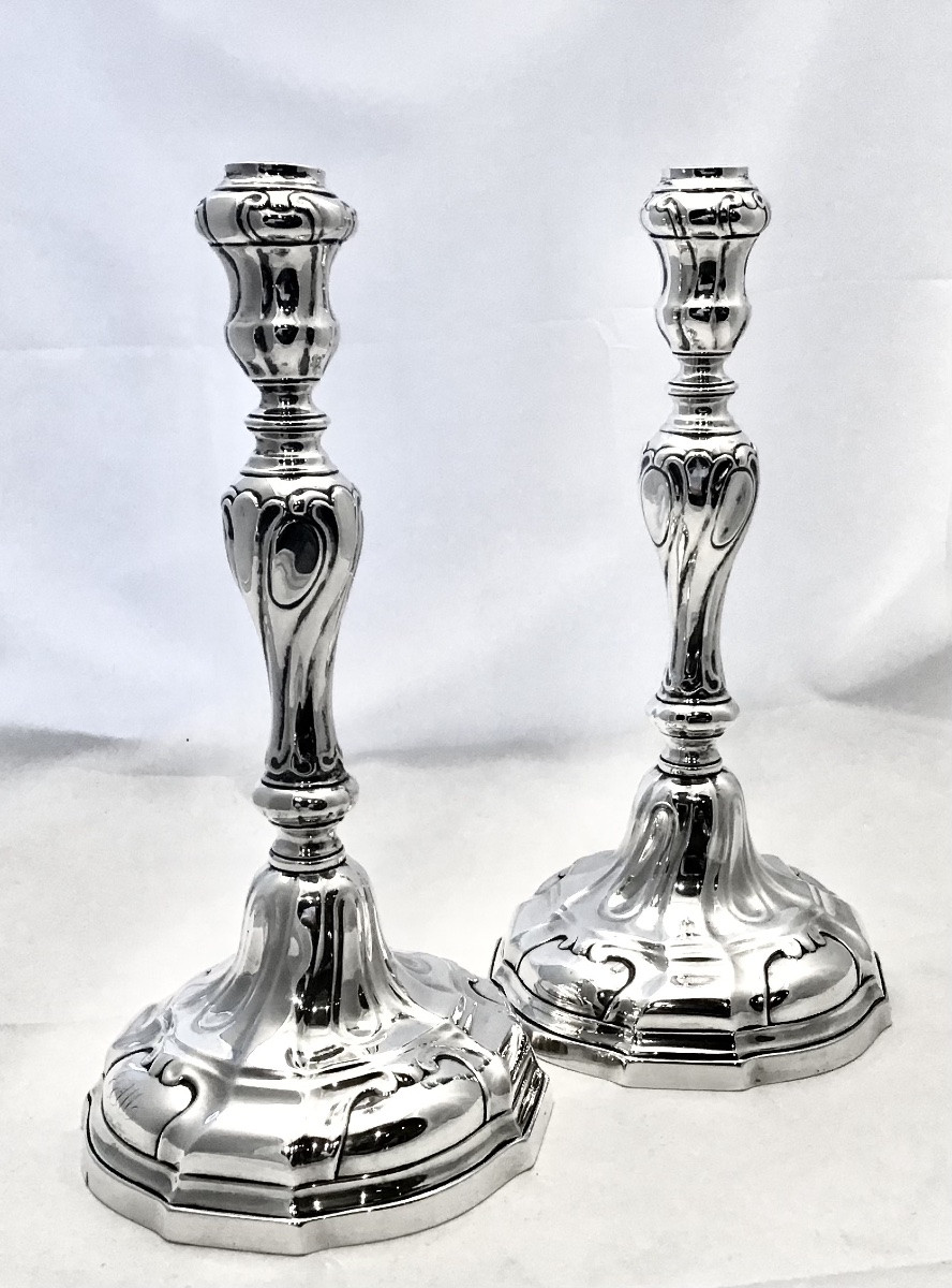 Antwerp 1772, Petrus Hoffinger, Pair Of Louis XV Style Candlesticks In Solid Silver -photo-8