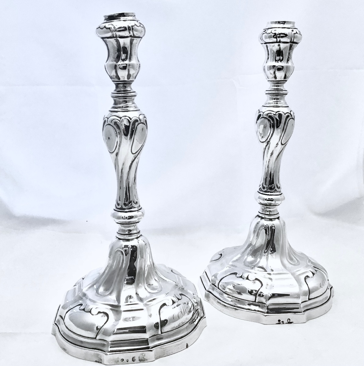 Antwerp 1772, Petrus Hoffinger, Pair Of Louis XV Style Candlesticks In Solid Silver 