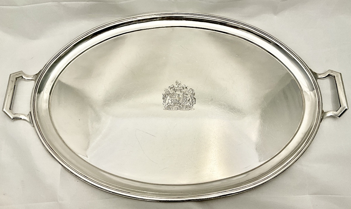 Présent  From Queen Elizabeth Ii, Sterling Silver Serving Tray, William Comyns & Sons -photo-4