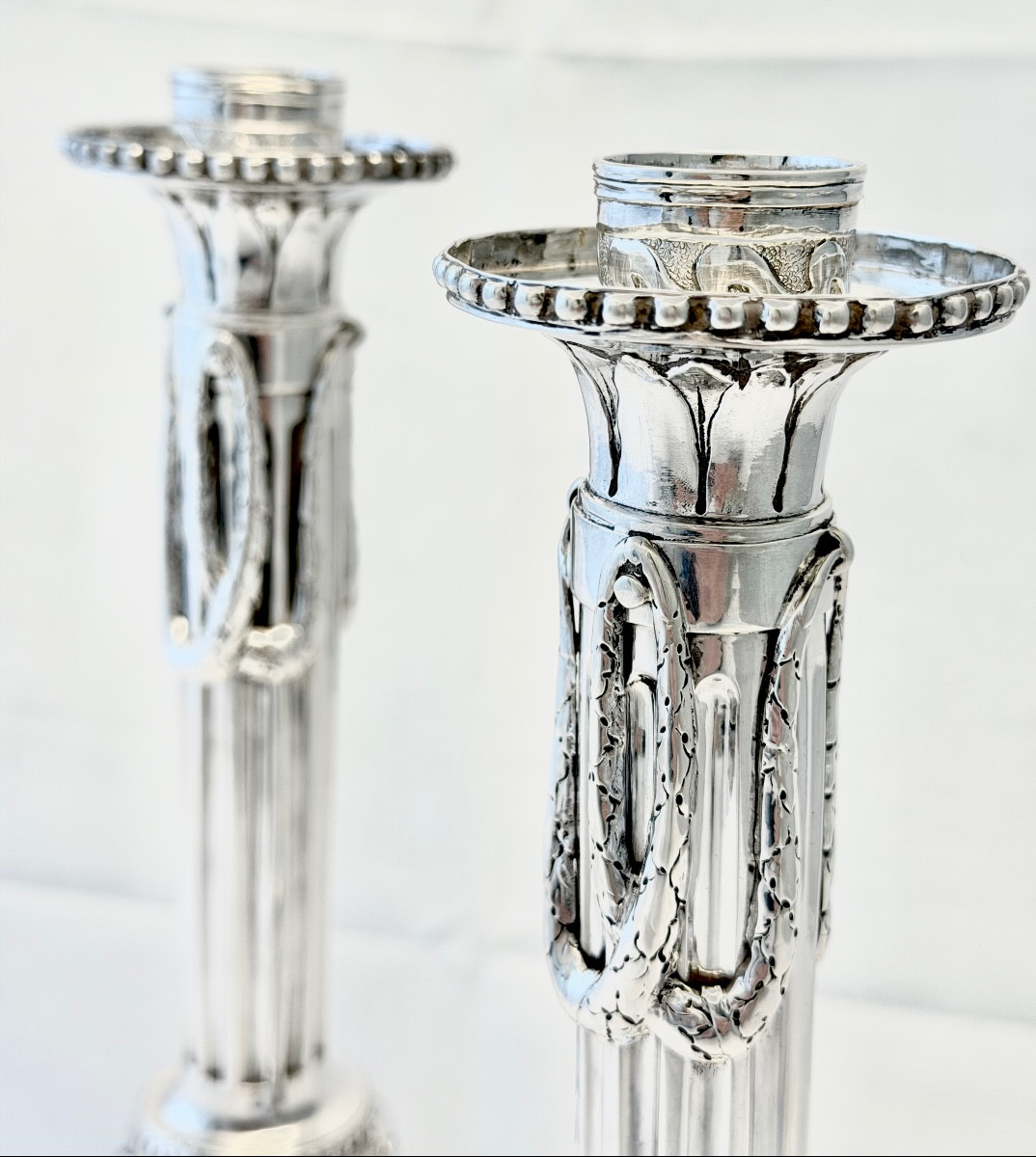 Bruges 1785, paire de flambeaux Louis XVI, Gaspard Hanicq , Argent massif 