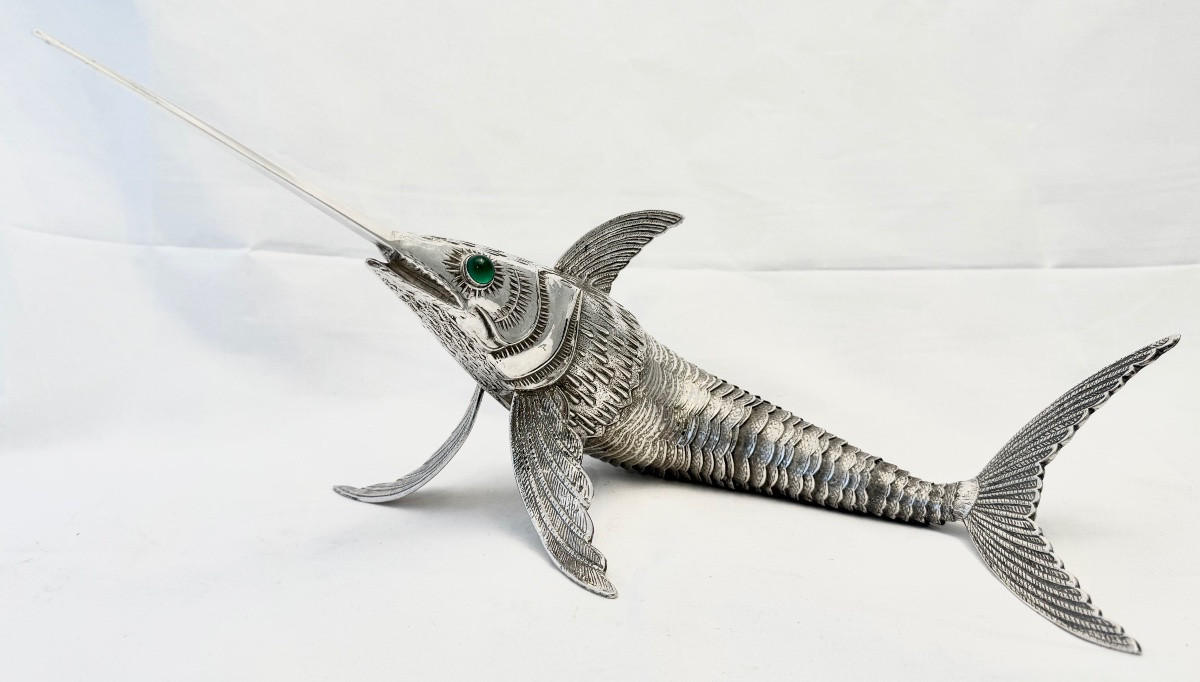 Solid Silver Swordfish, Spain 1940-1960, 916 Sterling Silver-photo-3