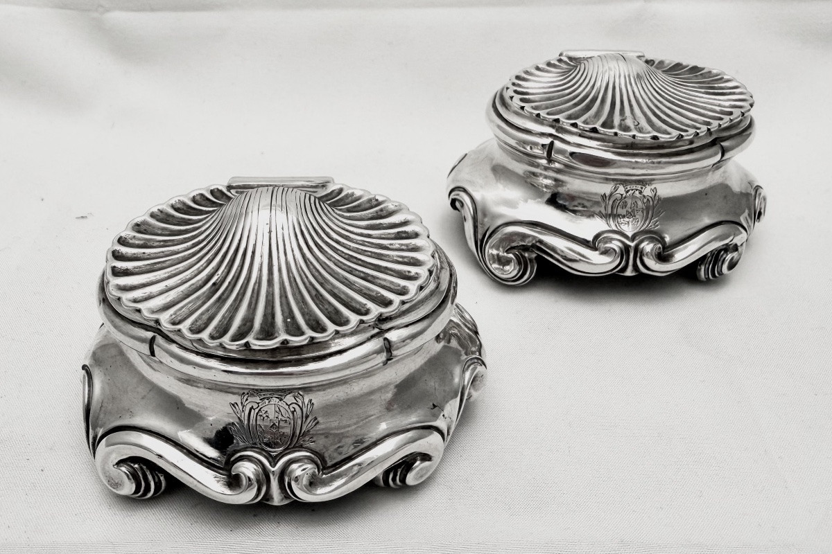 Paris 1746, Pair Of Louis XV Salt Cellars, Solid Silver, Jj. Duhamel, Baron Nau De Champlouis-photo-7