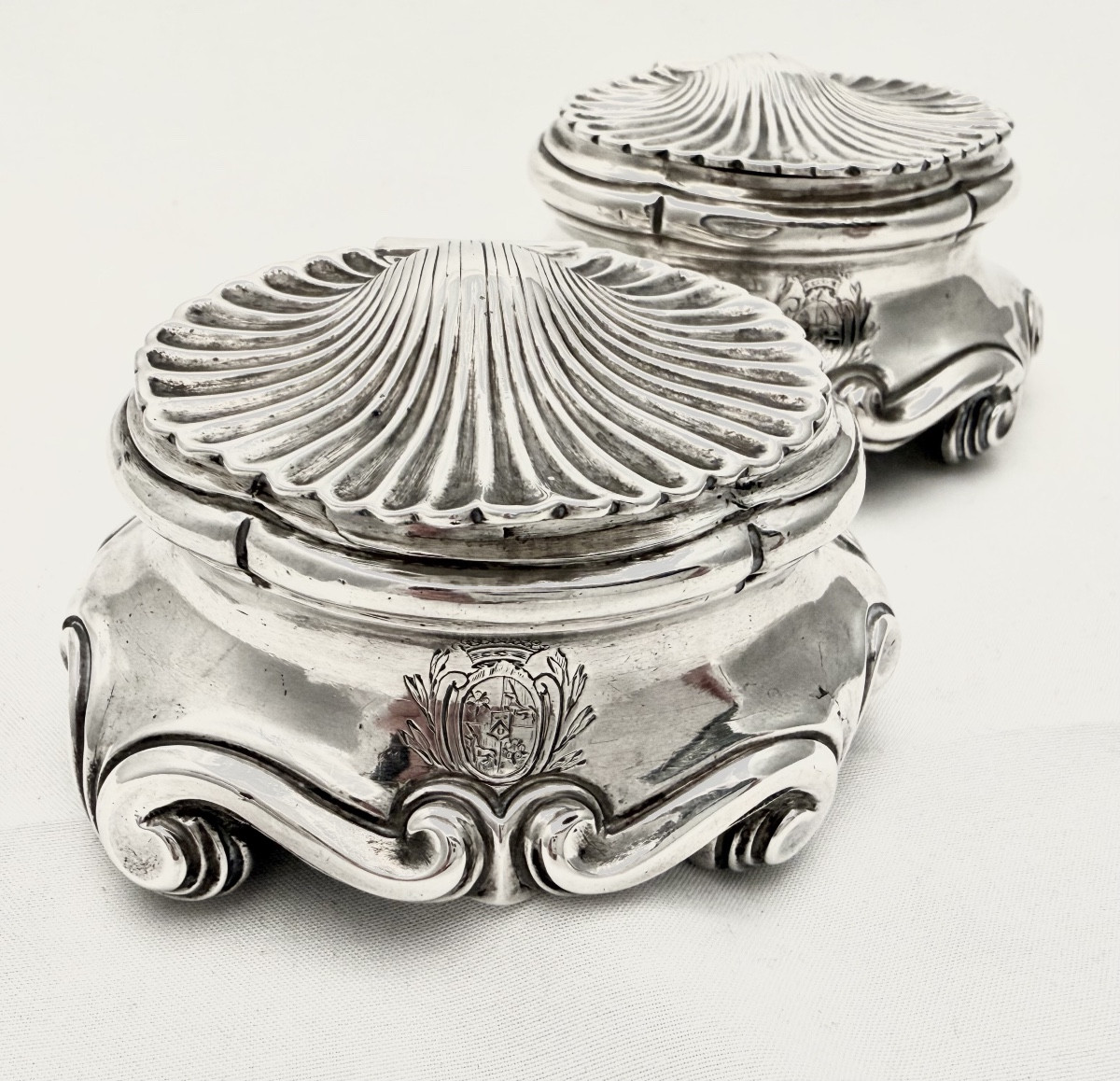 Paris 1746, Pair Of Louis XV Salt Cellars, Solid Silver, Jj. Duhamel, Baron Nau De Champlouis