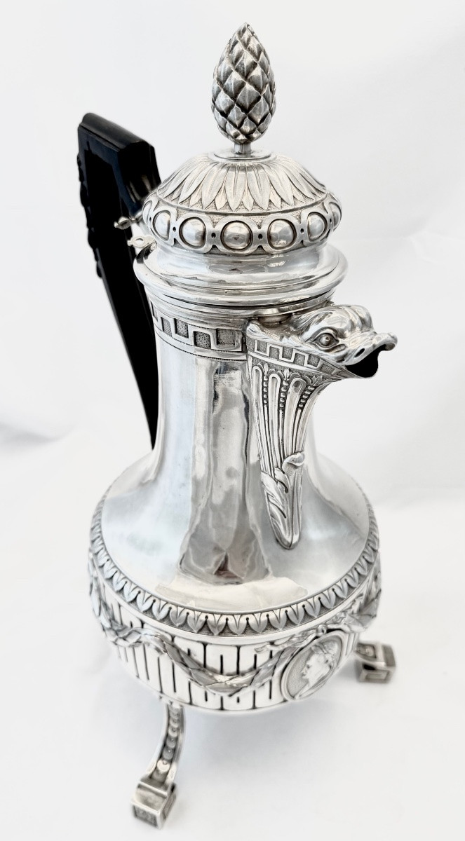 Chocolate Pot Ath 1784, Philippront, Louis XVI, Solid Silver Tripod Coffee Pot-photo-8