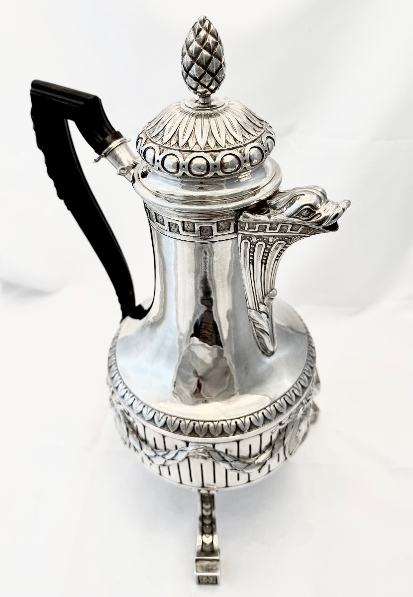 Chocolate Pot Ath 1784, Philippront, Louis XVI, Solid Silver Tripod Coffee Pot