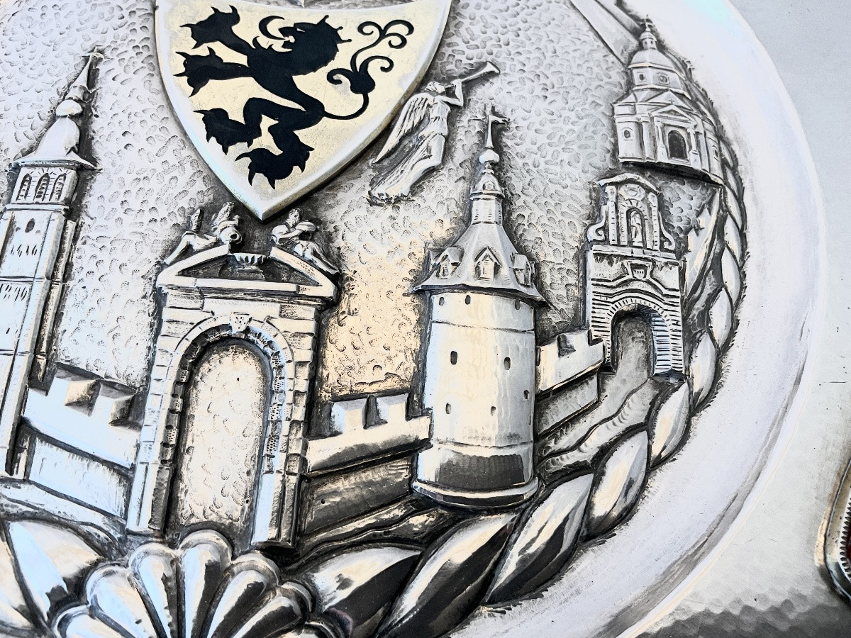 Namur 1956, Baron Louis Huart, Mayor 1931-1963, Solid Silver, Presentation Platter -photo-3