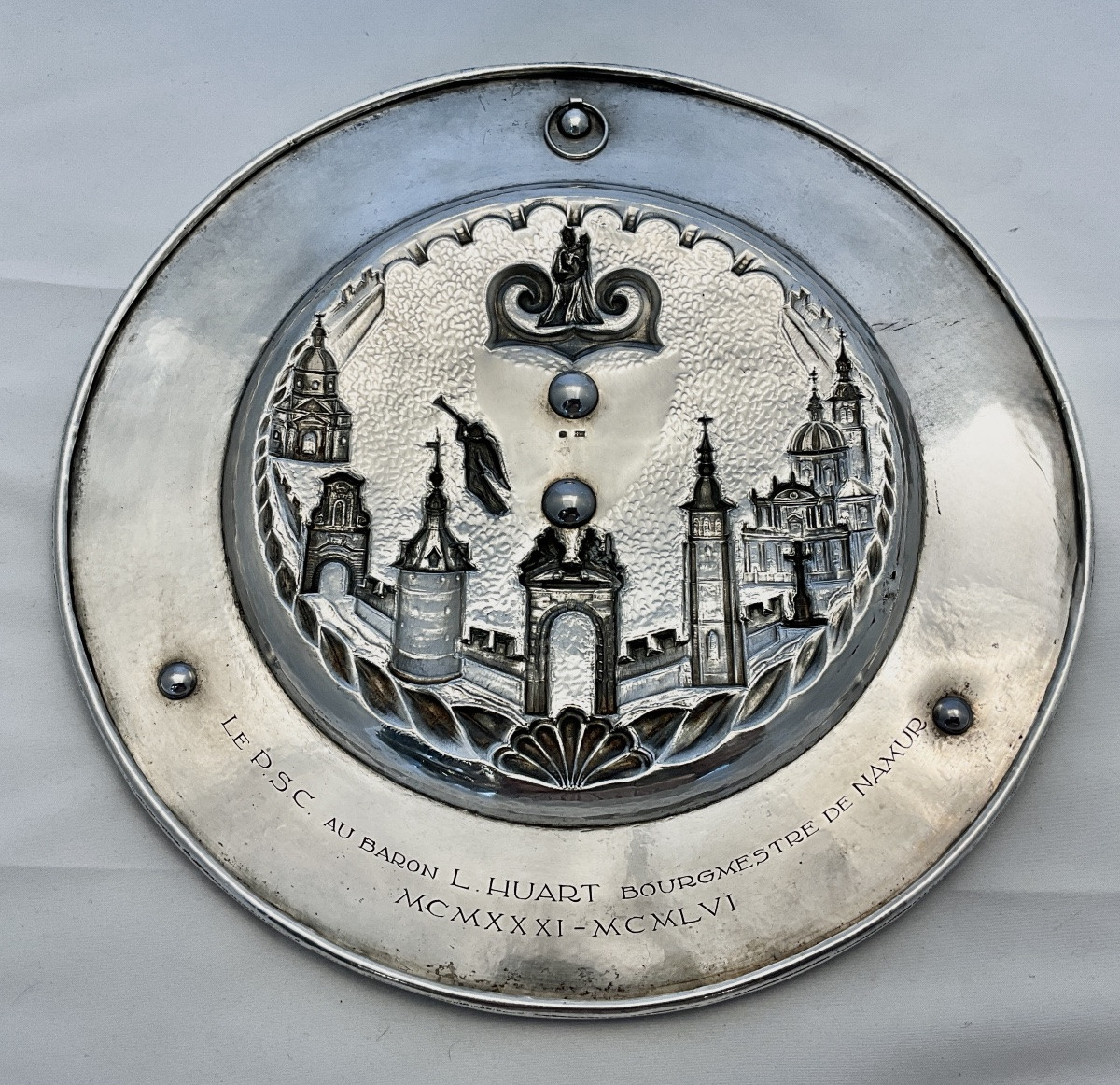 Namur 1956, Baron Louis Huart, Mayor 1931-1963, Solid Silver, Presentation Platter -photo-7