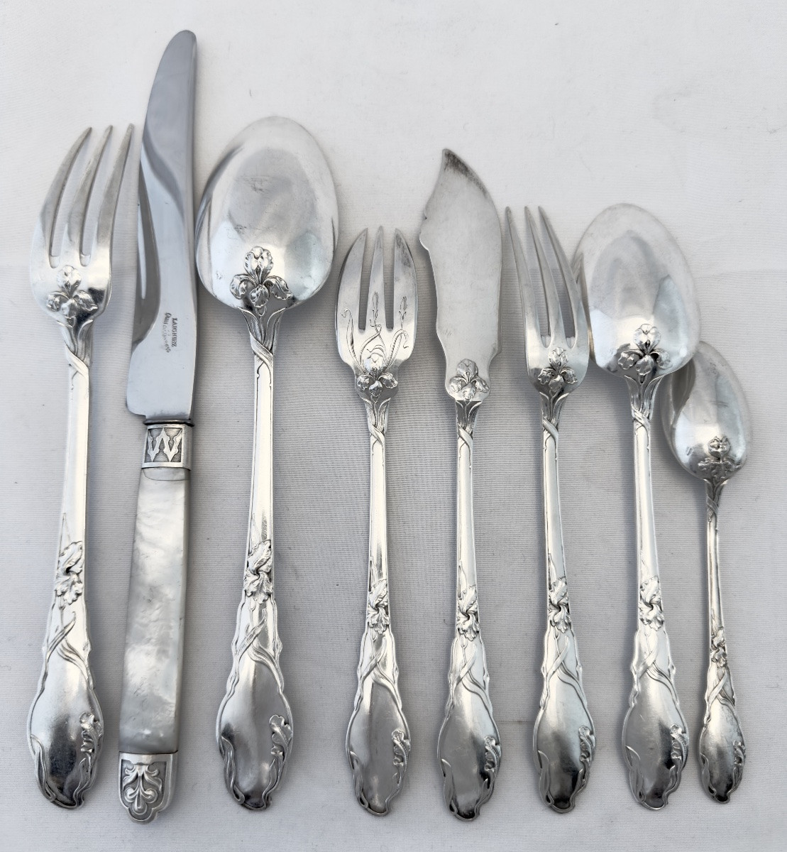 108 couverts « Iris », argent massif , Ravinet d’Enfert , Paris 1890-1910, ménagère Art Nouveau-photo-3