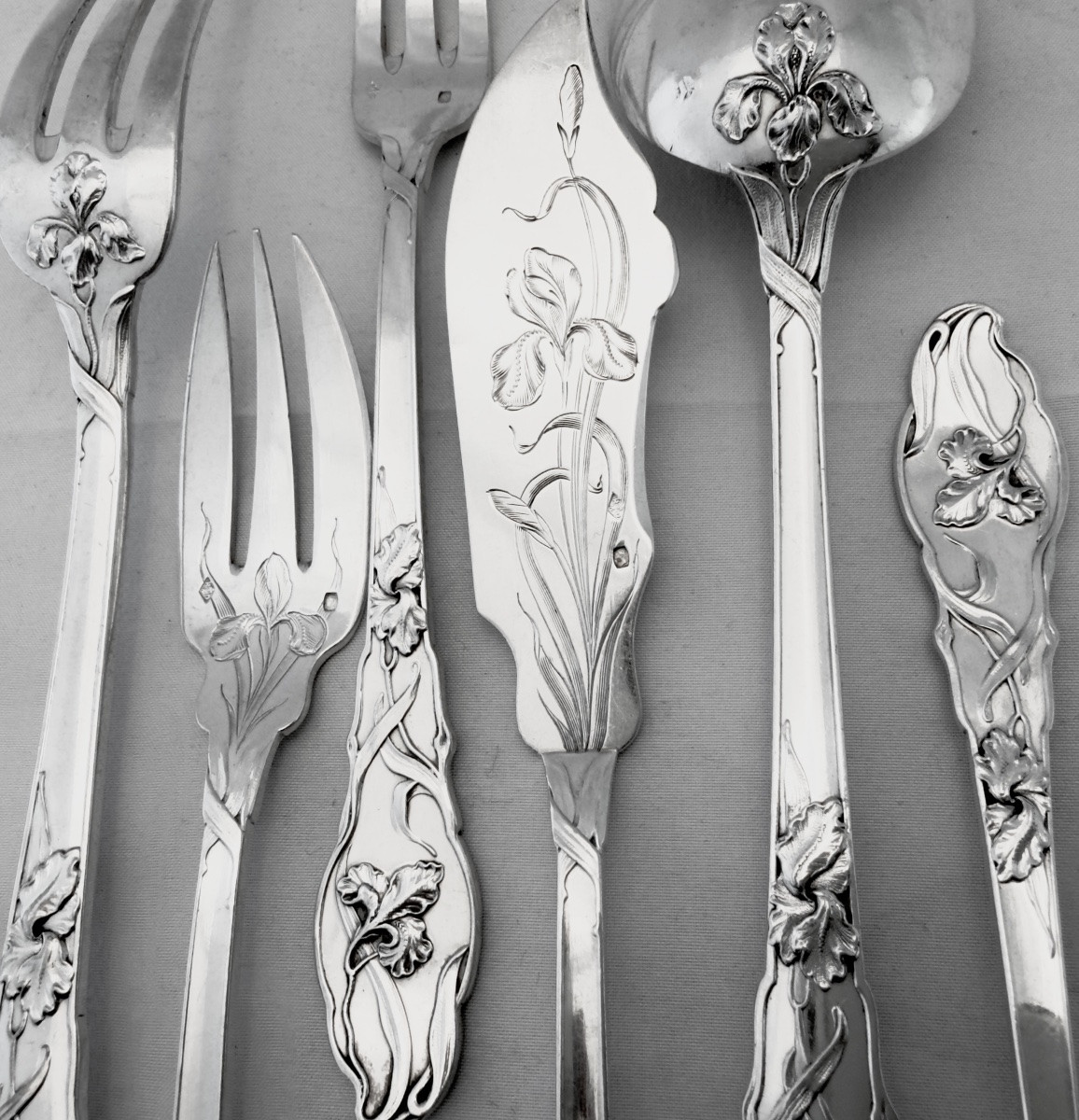 108 couverts « Iris », argent massif , Ravinet d’Enfert , Paris 1890-1910, ménagère Art Nouveau-photo-4