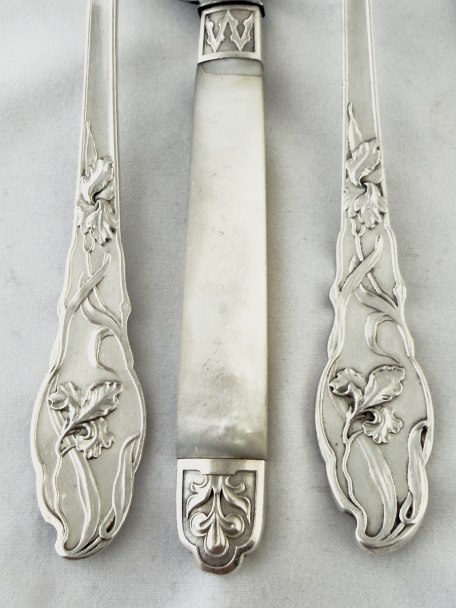 108 couverts « Iris », argent massif , Ravinet d’Enfert , Paris 1890-1910, ménagère Art Nouveau-photo-3