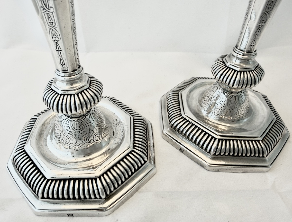 Paris 1718, paire de flambeaux Régence , Jacques -François Grebeude , argent massif-photo-1